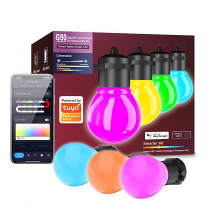 LED Smart Outdoor String Lights with 24-key remote controller, 26.25FT/8 Meters with 20 Dimmable RGBIC LED Bulbs, 5V/10W USB Powered,Indoor/Outside String Lights, IP65 Waterproof, Decor Patio Garden Camping