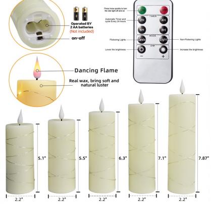 Φ5.5cm LED Flameless Wax Candles with copper wire lamp (5 PCS SET) - Battery Operated Electric LED Pillar Candles with Remote Control Cycling 24 Hours Timer - Real Wax, 3D Wick, Realistic Flickering, Vivid Christmas/Festival/Party Decorative Candle Sets