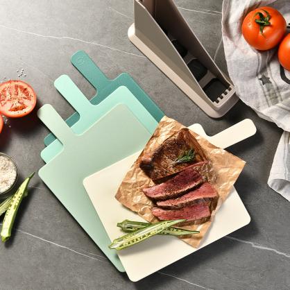 Index Cutting Boards for Kitchen, Plastic Cutting Board Set of 4 with Storage Stand, Colorful Chopping Board Set with Easy Grip Handles & Index Food Icons,Cutting Mat for Meat Veggies Fruits (Colorful)