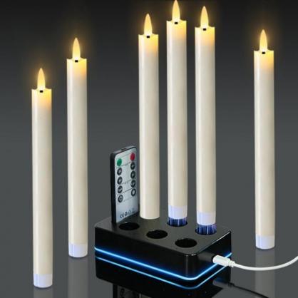 LED Rechargeable Taper Candle Lights with charging base and remote control function (6pcs Set)