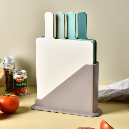 Index Cutting Boards for Kitchen, Plastic Cutting Board Set of 4 with Storage Stand, Colorful Chopping Board Set with Easy Grip Handles & Index Food Icons,Cutting Mat for Meat Veggies Fruits (Colorful)