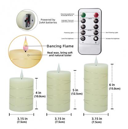 Φ8.0cm LED Pillar Candles with Copper wire lamp and Remote Controller (3PCS SET) -Operated by 2 * AA Batteries (Not Included) Electric Flameless Candles - Real Wax, 3D Wick, Realistic Flickering