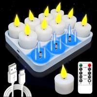 12PCS Rechargeable LED Tea Lights, 3D Realistic Flickering Flameless Candles with Charging Base, Remote Control & Timer Function, Battery Powered Votive Candles for Party, Wedding & Holiday Decoration