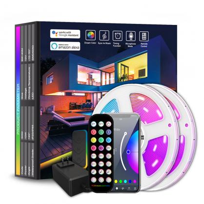 Bluetooth Smart LED Strip Lights (IP20 Indoor Use), RGB Dimmable Color Changing Lights Strip with APP Control or 24-Key IR Remote Controller, Self-Adhesive Flexible 12V Bright LED Tape Light Kit for Home Party Holiday