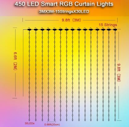 IP68 Waterproof Outdoor LED Curtain Light with 24-Key Remote Controller & Smart APP Control, RGBIC 16 Million Optional Colors, Timer Function, Adjustable Brightness, Music Sync,DIY Scenes,USB Plug Connection For Power On/Off, Color Changing
