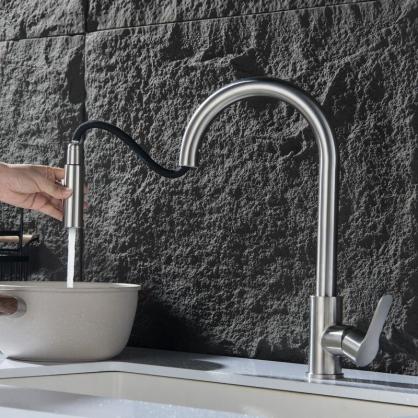 H42cm Kitchen Sink Faucets with Pull Down Sprayer (SUS304 Stainless Steel,3 Water Outlet Modes), Single Handle High Arc Pull Down Kitchen Faucet