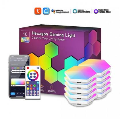 Hexagon Panel Light Set -RGB Hexagon LED Wall Lights with Smart APP Wifi & Bluetooth Remote Control & Music Sync for Halloween Decor, Gaming Decor (3/6/8/10/15/20 PCS Pack optional)