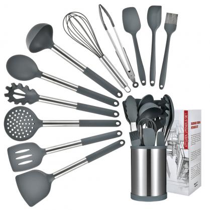 12 PCS Kitchen Cooking Utensils Set, Non-stick Silicone Kitchen Utensils Set Heat-resistant Stainless Steel Handle, BPA-Free, Cooking Tool Mixing Kitchen Tool Set