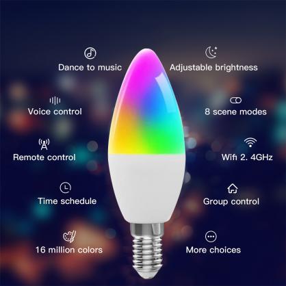 E14 Smart LED Candelabra Bulbs,Bluetooth & Wifi Remote Control,No Hub Required, RGB LED Bulb Compatible with Alexa/Google Assistant/Smart Life, 1/4/6 PCS Pack optional