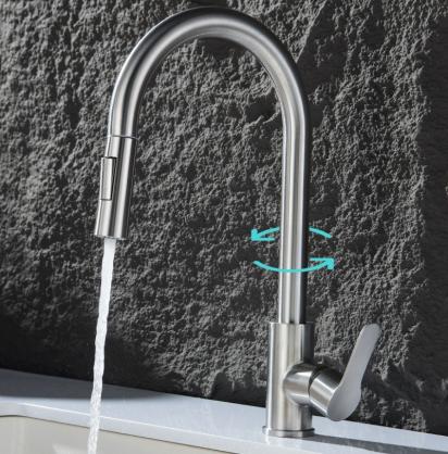 H42cm Kitchen Sink Faucets with Pull Down Sprayer (SUS304 Stainless Steel,3 Water Outlet Modes), Single Handle High Arc Pull Down Kitchen Faucet