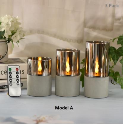 Φ7.5cm LED Flameless Candles (3PCS SET) - Battery Operated Electric LED Pillar Candles with Remote Control Cycling 24 Hours Timer - Cement Effect, Real Wax, 3D Wick, Realistic Flickering, Vivid Christmas/Festival/Party Decorative Candle Sets