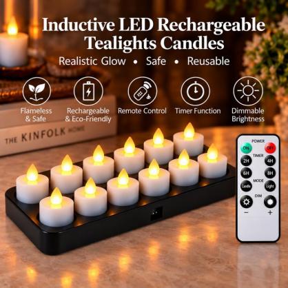 Inductive Rechargeable LED Tealight Candles (12PCS Set) - Flameless Electronic Candle Lights with 8-keys Timer Remote Controller
