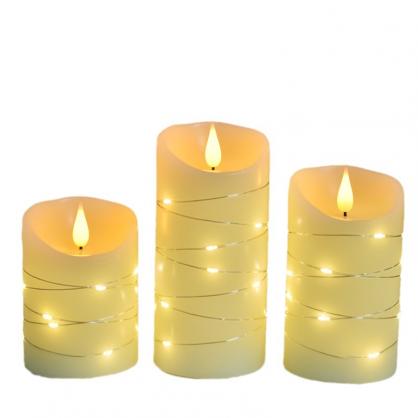 Φ7.5cm LED Flameless Candles with Copper wire lamp (3PCS SET) - Battery Operated Electric LED Pillar Candles with Remote Control Cycling 24 Hours Timer - Real Wax, 3D Wick, Realistic Flickering, Vivid Christmas/Festival/Party Decorative Candle Sets
