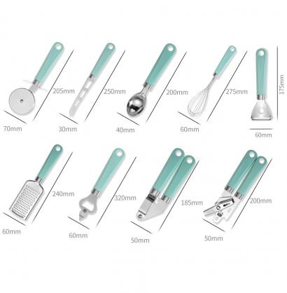 9-Piece Stainless Steel Kitchen Utensil Set, Lightweight Plastic Holder Handles, Non-Stick Cookware Gadgets and Tools Kit, Dishwasher Safe, Kitchenware for Cooking and Baking