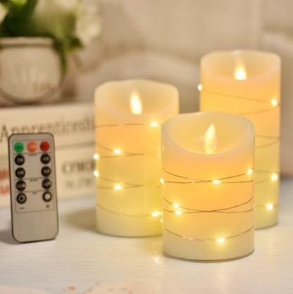 Φ7.5cm LED Flameless Candles with Copper wire lamp (3PCS SET) - Battery Operated Electric LED Pillar Candles with Remote Control Cycling 24 Hours Timer - Real Wax, 3D Wick, Realistic Flickering, Vivid Christmas/Festival/Party Decorative Candle Sets