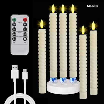 Rechargeable Flameless LED Taper Candles (6pcs set), with Charging Base, LED Taper Candles with Remote Timer, 3D Flickering Flame for Home & Commercial Decoration