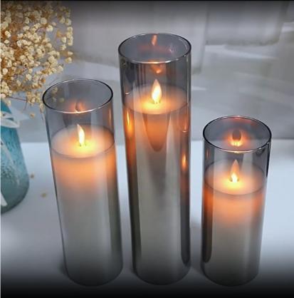 Φ7.5cm LED Flameless Wax Candles In Glass Holder (3PCS SET) - Battery Operated Electric LED Pillar Candles with Remote Control Cycling 24 Hours Timer - Real Wax, 3D Wick, Realistic Flickering, Vivid Christmas/Festival/Party Decorative Candle Sets
