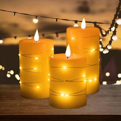 Φ8.0cm LED Pillar Candles with Copper wire lamp and Remote Controller (3PCS SET) -Operated by 2 * AA Batteries (Not Included) Electric Flameless Candles - Real Wax, 3D Wick, Realistic Flickering