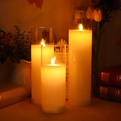 Φ7.5cm LED Flameless Wax Candles In Glass Holder (3PCS SET) - Battery Operated Electric LED Pillar Candles with Remote Control Cycling 24 Hours Timer - Real Wax, 3D Wick, Realistic Flickering, Vivid Christmas/Festival/Party Decorative Candle Sets
