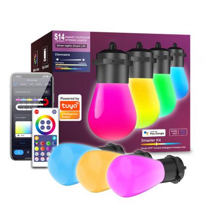 LED Smart Outdoor String Lights (IP65 Waterproof,Outdoor Use,49.21FT/15 Meters) , RGBIC Color Changing Lights with 15 Dimmable LED Bulbs, Warm White Lights with Multiple Scenes for Patio, Backyard, App Control