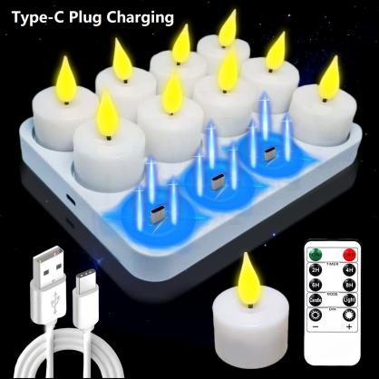 12PCS Rechargeable LED Tea Lights, 3D Realistic Flickering Flameless Candles with Charging Base, Remote Control & Timer Function, Battery Powered Votive Candles for Party, Wedding & Holiday Decoration