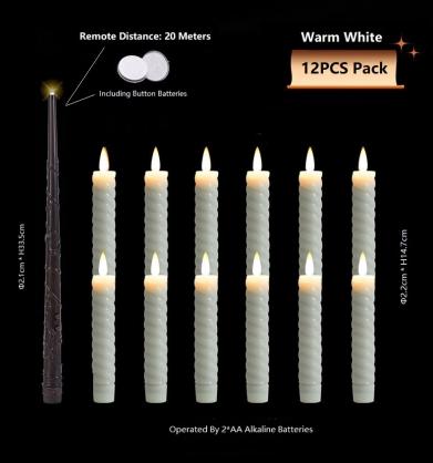 Φ2.2cm * H14.7cm Floating Candles, Threaded LED Taper Candles with Magic Wand Remote Control (12PCS Pack), Operated By 2 x AA Batteries (Battery is Included) - Lighting up to 150 hours