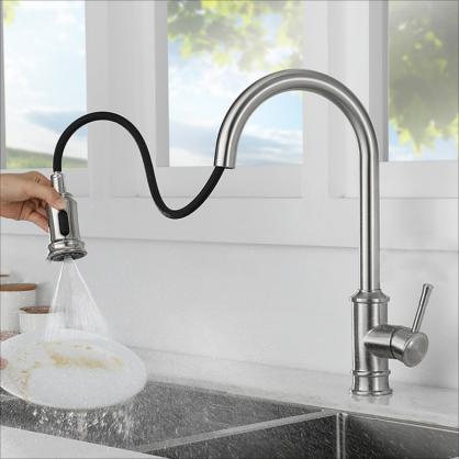 H42cm Kitchen Sink Faucets with Pull Down Sprayer (SUS304 Stainless Steel,3 Water Outlet Modes), Single Handle High Arc Pull Down Kitchen Faucet