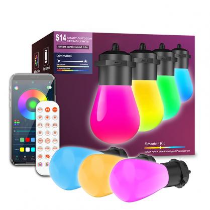 LED Smart Outdoor String Lights (IP65 Waterproof,Outdoor Use,49.21FT/15 Meters) , RGBIC Color Changing Lights with 15 Dimmable LED Bulbs, Warm White Lights with Multiple Scenes for Patio, Backyard, App Control