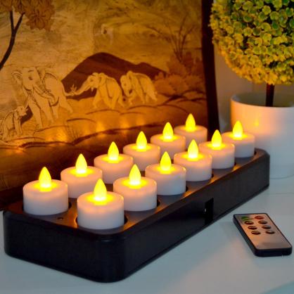 Inductive Rechargeable LED Tealight Candles (12PCS Set) - Flameless Electronic Candle Lights with 8-keys Timer Remote Controller