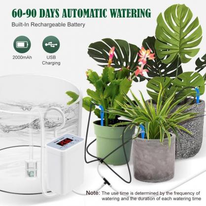 Automatic Plant Water Timer, Watering System Indoor, Drip Irrigation System with Timer for N Potted Plants, Suitable for House Garden Balcony Office, Battery Powered, with No-Water or Low-Battery Alarms