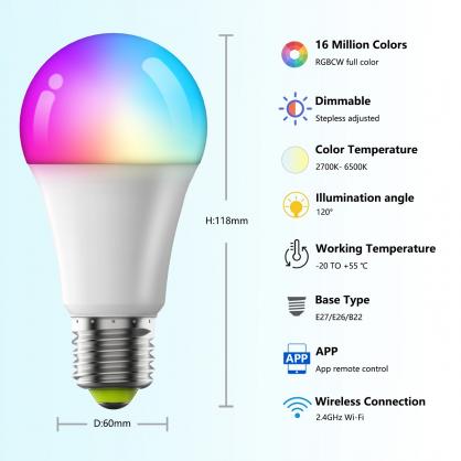 E26/E27 WiFi Bluetooth Smart LED Bulbs (including 28-key Remote Controller), APP Control RGB+CCT Dimmable & Color Changing, Compatible with Alexa Google Home, 800 Lumens,Energy Saving Equivalent to 60W traditional Bulb