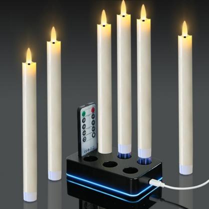 LED Rechargeable Taper Candle Lights with charging base and remote control function (6pcs Set)