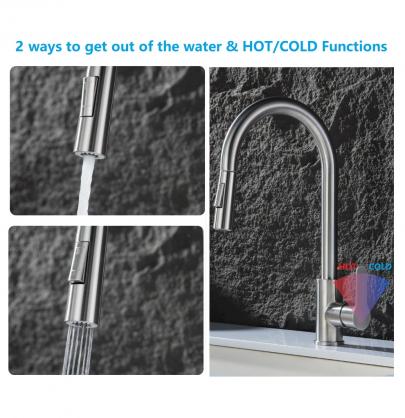 H42cm Kitchen Sink Faucets with Pull Down Sprayer (SUS304 Stainless Steel,3 Water Outlet Modes), Single Handle High Arc Pull Down Kitchen Faucet