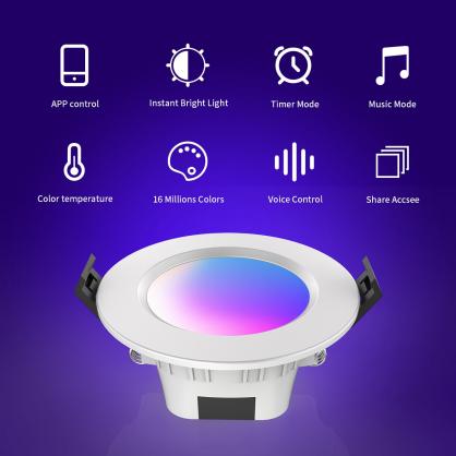 5W LED Smart Downlight, Voice Control, Music Sync, Group Control by Bluetooth-Mesh Technology, RGB+CCT ( selectable RGB & Correlated Color Temperature from 2700K to 6500K can reach up to 16 million multi-colors