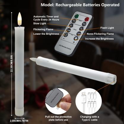 LED Flameless Taper Candles with USB Cable (6PCS Pack), 50+ Hours Lasting, Flameless Candlesticks for Festivals & Home Decoration, Rechargeable Batteries or AAA Batteries Operated Version For Your Options