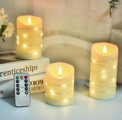 Φ7.5cm LED Flameless Candles with Copper wire lamp (3PCS SET) - Battery Operated Electric LED Pillar Candles with Remote Control Cycling 24 Hours Timer - Real Wax, 3D Wick, Realistic Flickering, Vivid Christmas/Festival/Party Decorative Candle Sets