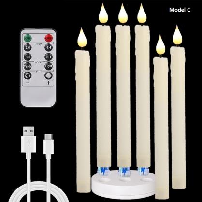 Rechargeable Flameless LED Taper Candles (6pcs set), with Charging Base, LED Taper Candles with Remote Timer, 3D Flickering Flame for Home & Commercial Decoration