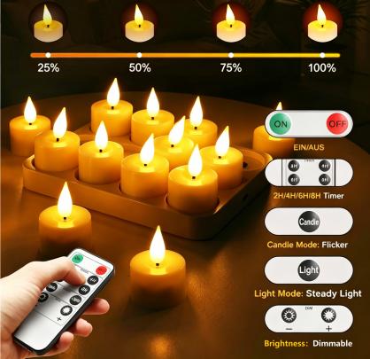 12PCS Rechargeable LED Tea Lights, 3D Realistic Flickering Flameless Candles with Charging Base, Remote Control & Timer Function, Battery Powered Votive Candles for Party, Wedding & Holiday Decoration