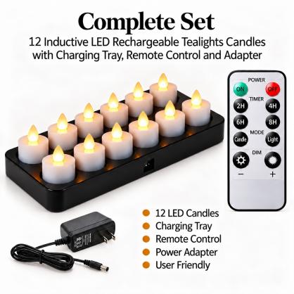 Inductive Rechargeable LED Tealight Candles (12PCS Set) - Flameless Electronic Candle Lights with 8-keys Timer Remote Controller