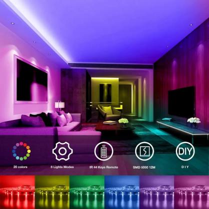 Bluetooth Smart LED Strip Lights (IP20 Indoor Use), RGB Dimmable Color Changing Lights Strip with APP Control or 44-Key IR Remote Controller , Self-Adhesive Flexible 12V Bright LED Tape Light Kit for Home Party Holiday
