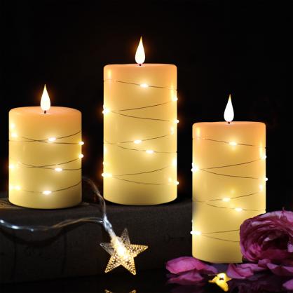Φ8.0cm LED Pillar Candles with Copper wire lamp and Remote Controller (3PCS SET) -Operated by 2 * AA Batteries (Not Included) Electric Flameless Candles - Real Wax, 3D Wick, Realistic Flickering