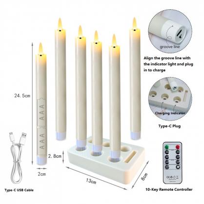 LED Rechargeable Taper Candle Lights with charging base and remote control function (6pcs Set)