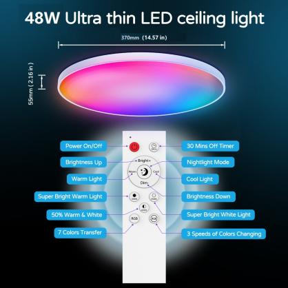 48W Smart LED Ceiling Lights 14.7 Inch, 3500LM Ceiling Lights with Remote, RGB+CCT 2700-6500K, Ultra-Thin Round Flush Mount Ceiling Light for Bedroom & Living Room