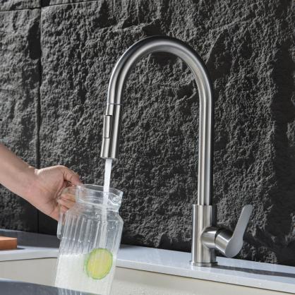 H42cm Kitchen Sink Faucets with Pull Down Sprayer (SUS304 Stainless Steel,3 Water Outlet Modes), Single Handle High Arc Pull Down Kitchen Faucet