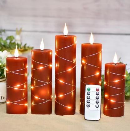 Φ5.5cm LED Flameless Wax Candles with copper wire lamp (5 PCS SET) - Battery Operated Electric LED Pillar Candles with Remote Control Cycling 24 Hours Timer - Real Wax, 3D Wick, Realistic Flickering, Vivid Christmas/Festival/Party Decorative Candle Sets