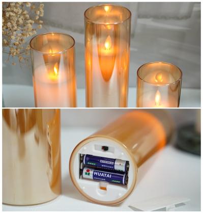Φ7.5cm LED Flameless Wax Candles In Glass Holder (3PCS SET) - Battery Operated Electric LED Pillar Candles with Remote Control Cycling 24 Hours Timer - Real Wax, 3D Wick, Realistic Flickering, Vivid Christmas/Festival/Party Decorative Candle Sets