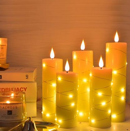 Φ5.5cm LED Flameless Wax Candles with copper wire lamp (5 PCS SET) - Battery Operated Electric LED Pillar Candles with Remote Control Cycling 24 Hours Timer - Real Wax, 3D Wick, Realistic Flickering, Vivid Christmas/Festival/Party Decorative Candle Sets