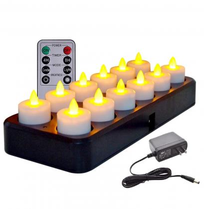 Inductive Rechargeable LED Tealight Candles (12PCS Set) - Flameless Electronic Candle Lights with 8-keys Timer Remote Controller
