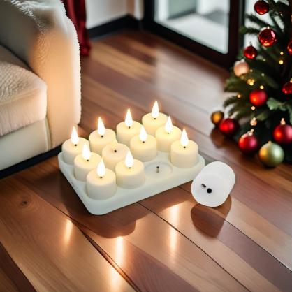 12PCS Rechargeable LED Tea Lights, 3D Realistic Flickering Flameless Candles with Charging Base, Remote Control & Timer Function, Battery Powered Votive Candles for Party, Wedding & Holiday Decoration
