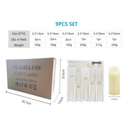 Φ5.3cm LED Flameless Wax Candles (9 PCS SET) - Battery Operated Electric LED Pillar Candles with Remote Control Cycling 24 Hours Timer - Real Wax, 3D Wick, Realistic Flickering, Vivid Christmas/Festival/Party Decorative Candle Sets